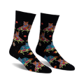 Pair of black crew socks with a fun design featuring tigers sprawled on pizza slices amidst planets and stars. Multicolored tigers and space elements on a dark background.
