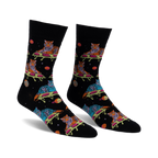 Pair of black crew socks with a fun design featuring tigers sprawled on pizza slices amidst planets and stars. Multicolored tigers and space elements on a dark background.