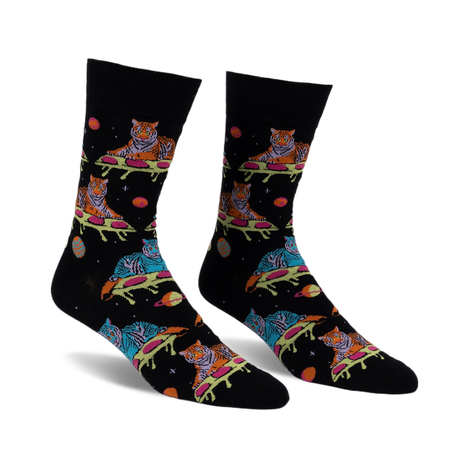 Pair of black crew socks with a fun design featuring tigers sprawled on pizza slices amidst planets and stars. Multicolored tigers and space elements on a dark background.