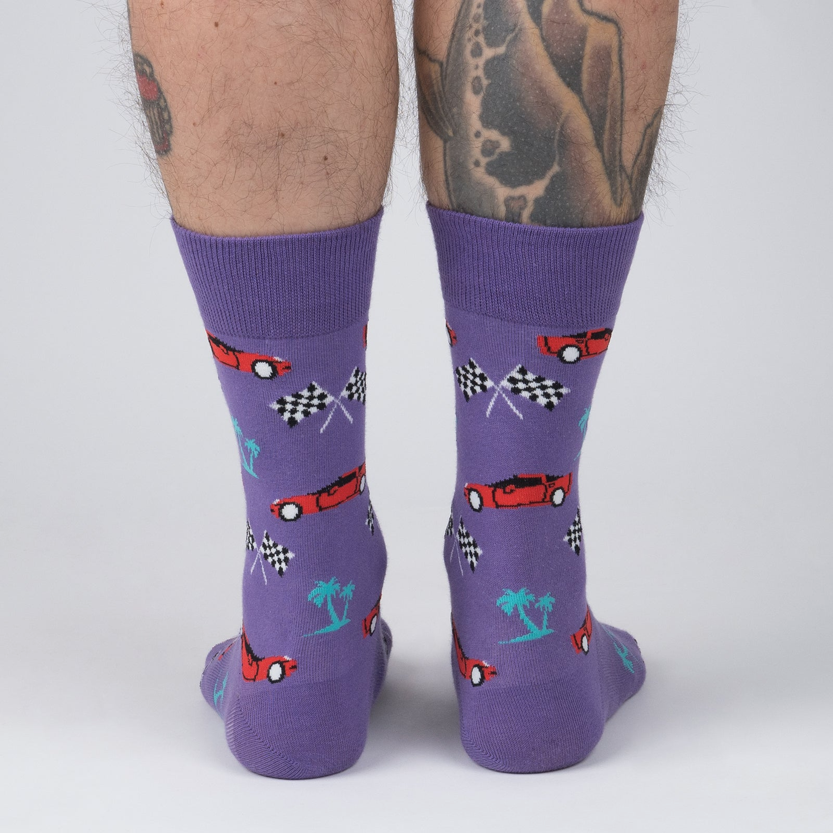 Back view of the 'You Drive Me Crazy' socks, showing the full design on the back of the socks.
