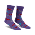 Pair of purple crew socks with a repeating pattern of red race cars, checkered flags, and teal palm trees.