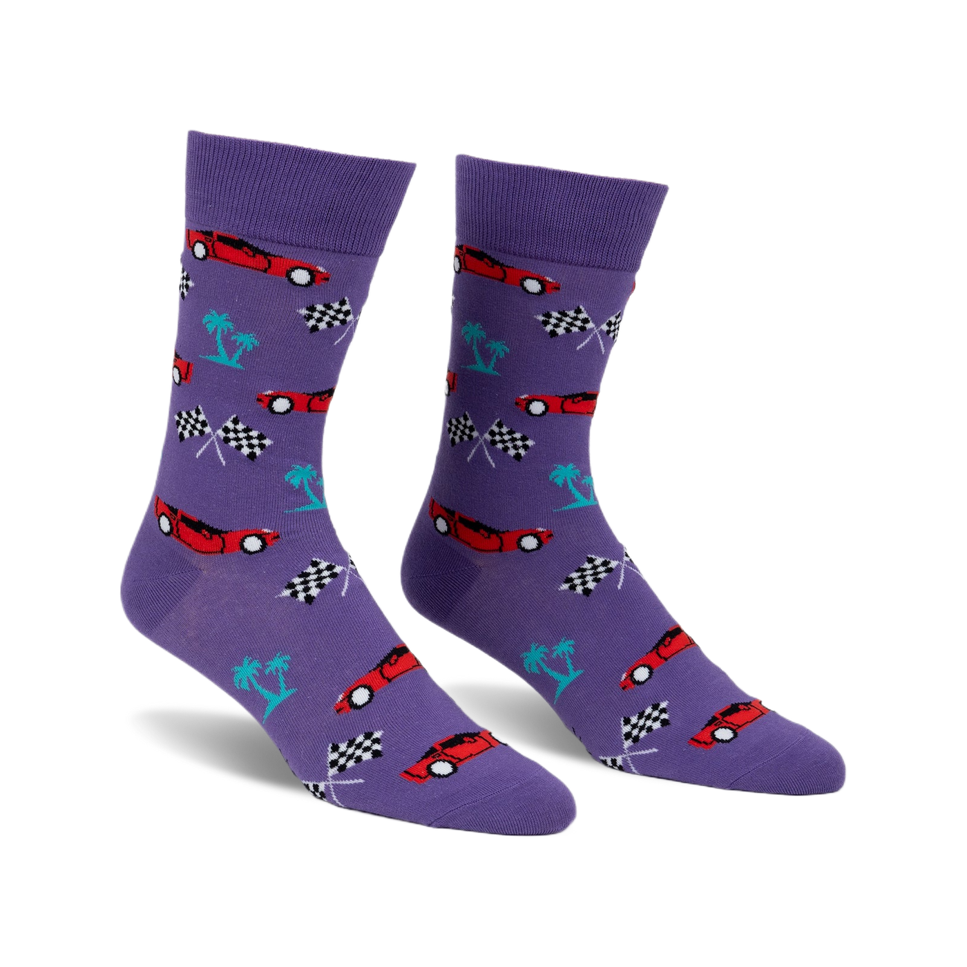 Pair of purple crew socks with a repeating pattern of red race cars, checkered flags, and teal palm trees.