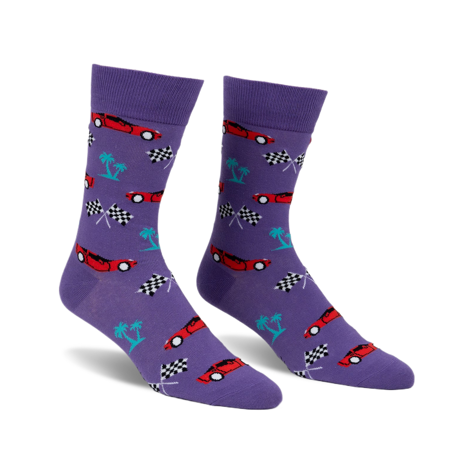 Pair of purple crew socks with a repeating pattern of red race cars, checkered flags, and teal palm trees.