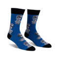 Pair of blue crew socks with a pattern of grey marble busts wearing sunglasses. Black cuffs.