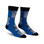 Pair of blue crew socks with a pattern of grey marble busts wearing sunglasses. Black cuffs.