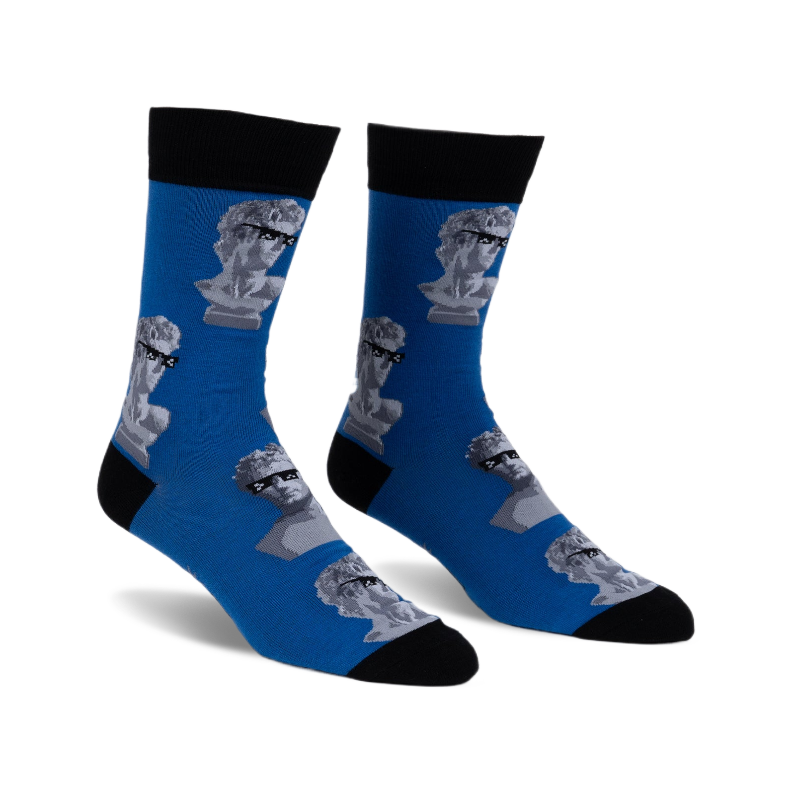 Pair of blue crew socks with a pattern of grey marble busts wearing sunglasses. Black cuffs.