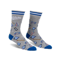 Gray crew socks with blue cuffs and a fun pattern of calculators, geometric shapes, and pencils. The word 'Mathlete' is written on the socks.