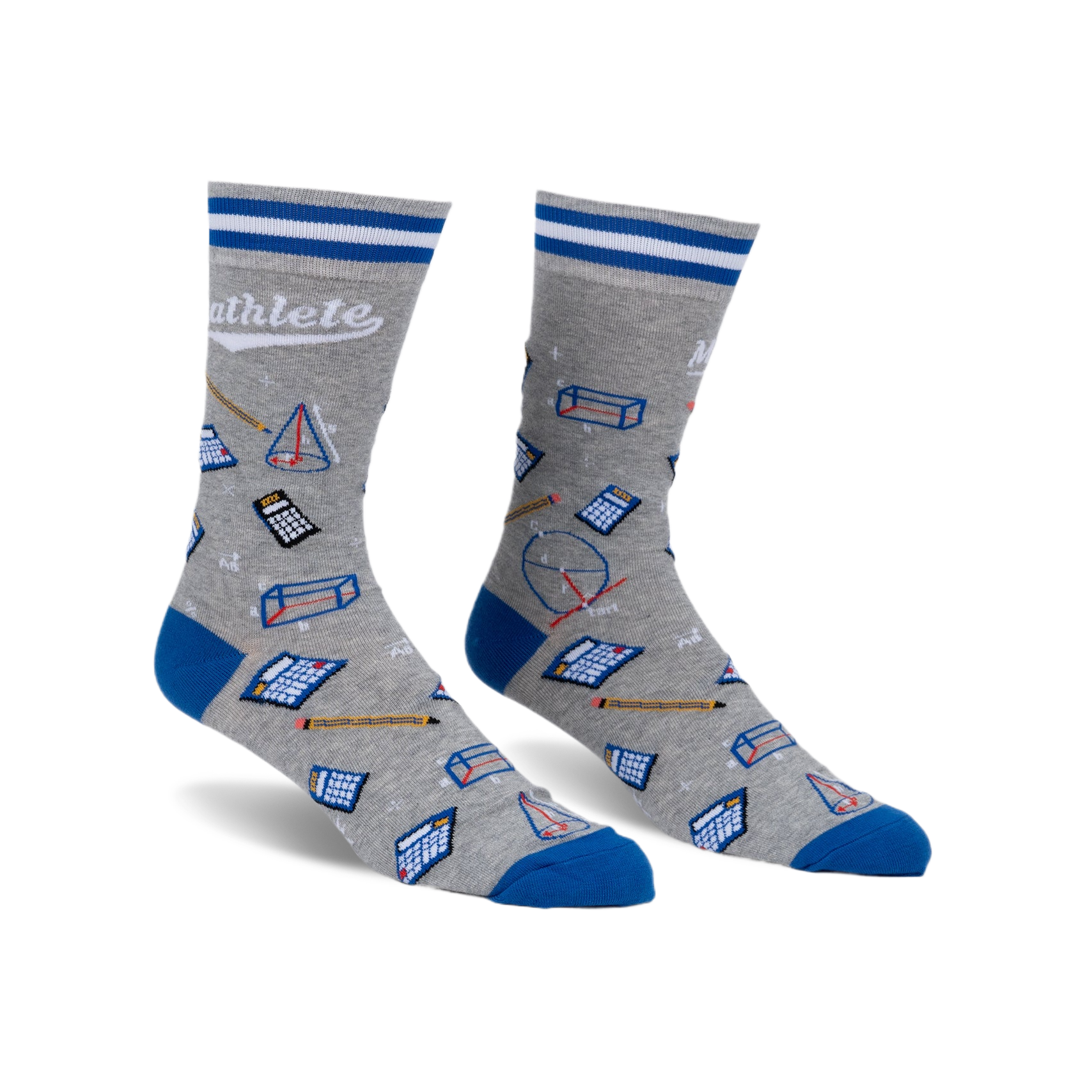 Gray crew socks with blue cuffs and a fun pattern of calculators, geometric shapes, and pencils. The word 'Mathlete' is written on the socks.