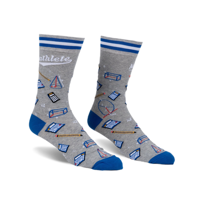 Gray crew socks with blue cuffs and a fun pattern of calculators, geometric shapes, and pencils. The word 'Mathlete' is written on the socks.