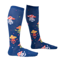 Lifestyle shot showing the socks on a person's legs.  The socks are navy blue with a fun mushroom pattern.