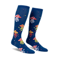 Pair of navy blue knee-high socks with a whimsical pattern of meditating mushrooms in various colors and tiny ladybugs. 