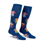 Pair of navy blue knee-high socks with a whimsical pattern of meditating mushrooms in various colors and tiny ladybugs. 