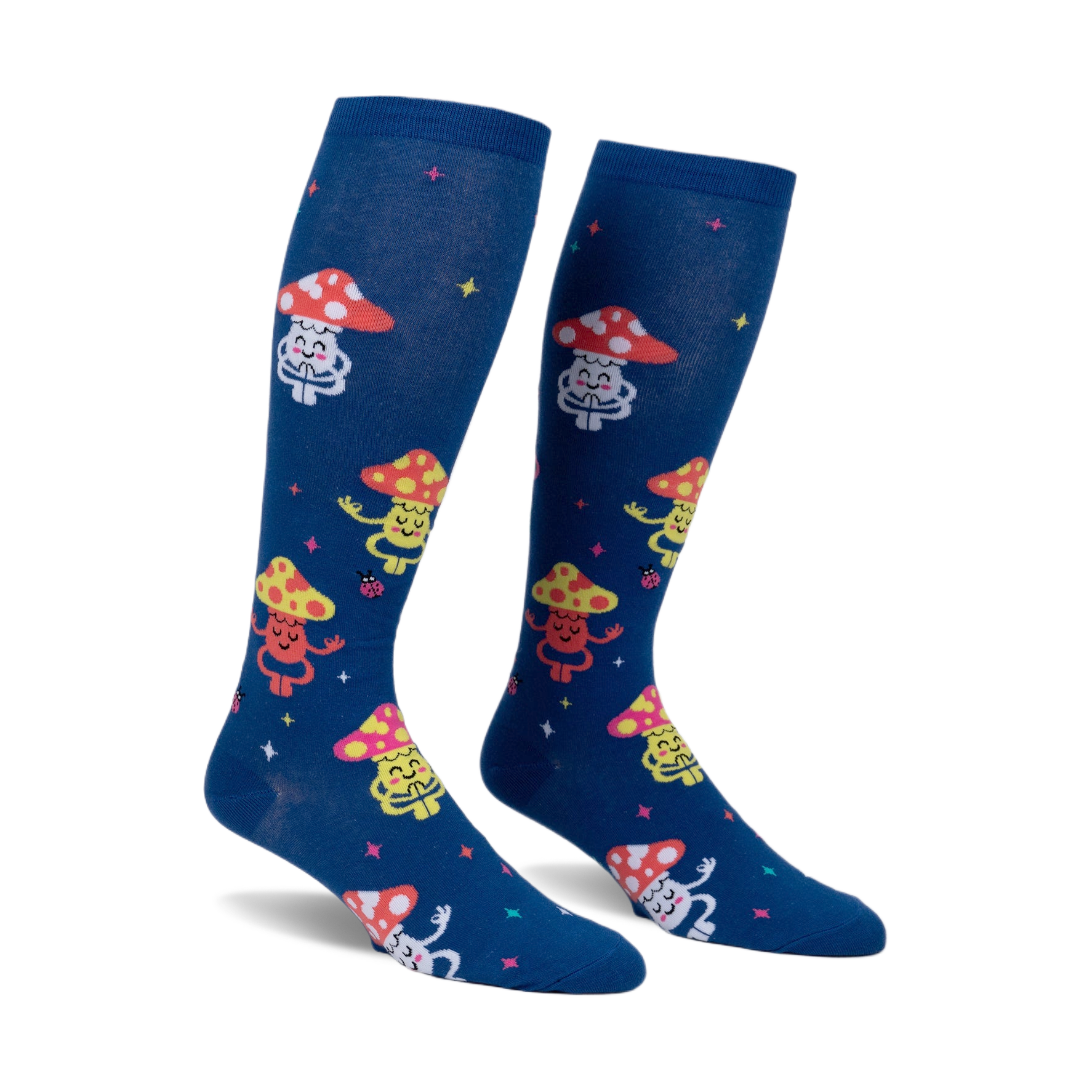Pair of navy blue knee-high socks with a whimsical pattern of meditating mushrooms in various colors and tiny ladybugs. 