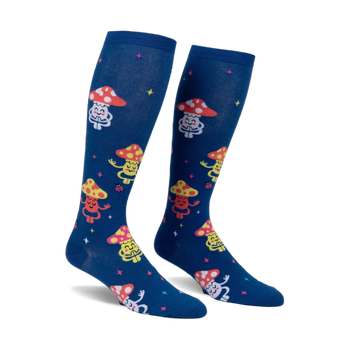 Pair of navy blue knee-high socks with a whimsical pattern of meditating mushrooms in various colors and tiny ladybugs. 