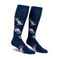 Pair of navy blue knee-high socks with a repeating pattern of white and purple dinosaurs wearing astronaut helmets in space.
