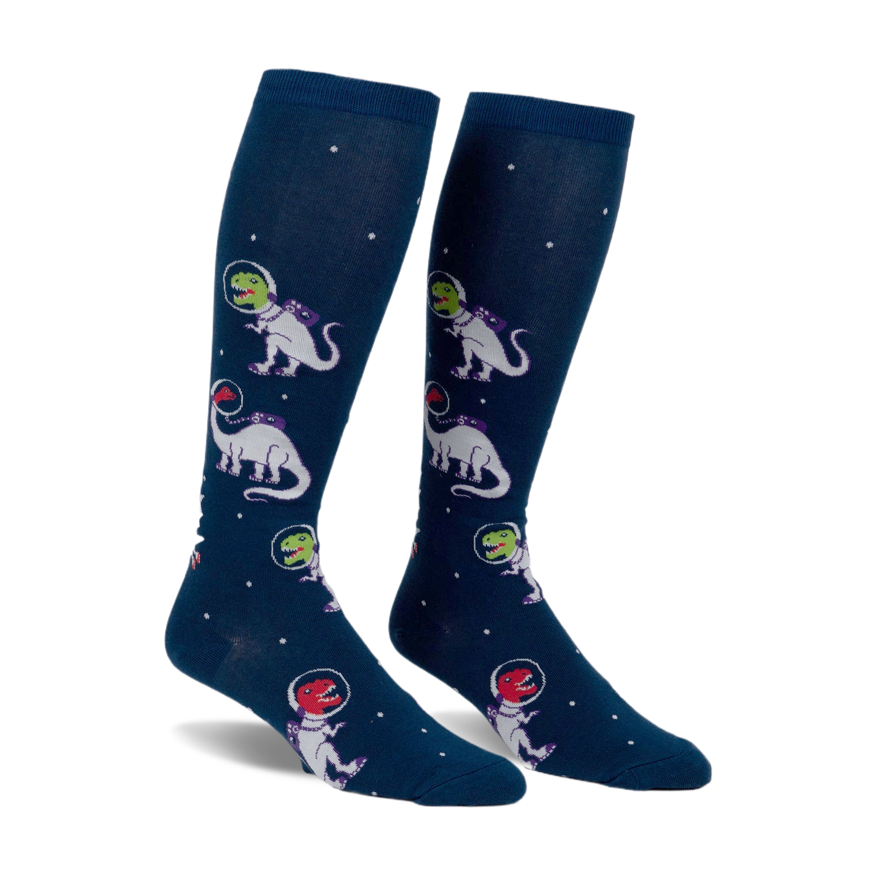 Pair of navy blue knee-high socks with a repeating pattern of white and purple dinosaurs wearing astronaut helmets in space.