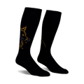Pair of black knee-high socks with a gold and blue cat design. The cat's face is prominently featured on each sock.