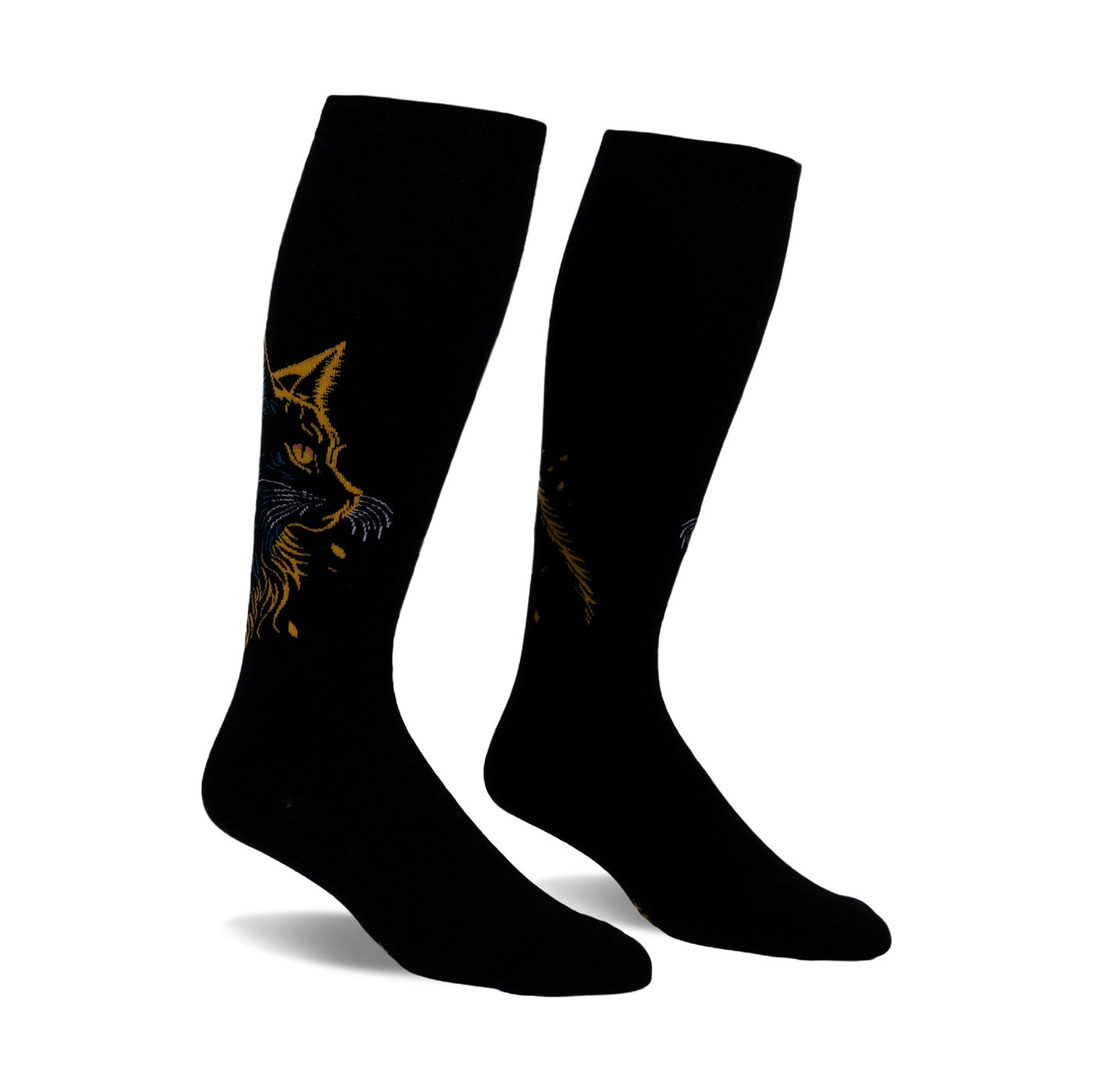 Pair of black knee-high socks with a gold and blue cat design. The cat's face is prominently featured on each sock.