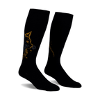 Pair of black knee-high socks with a gold and blue cat design. The cat's face is prominently featured on each sock.