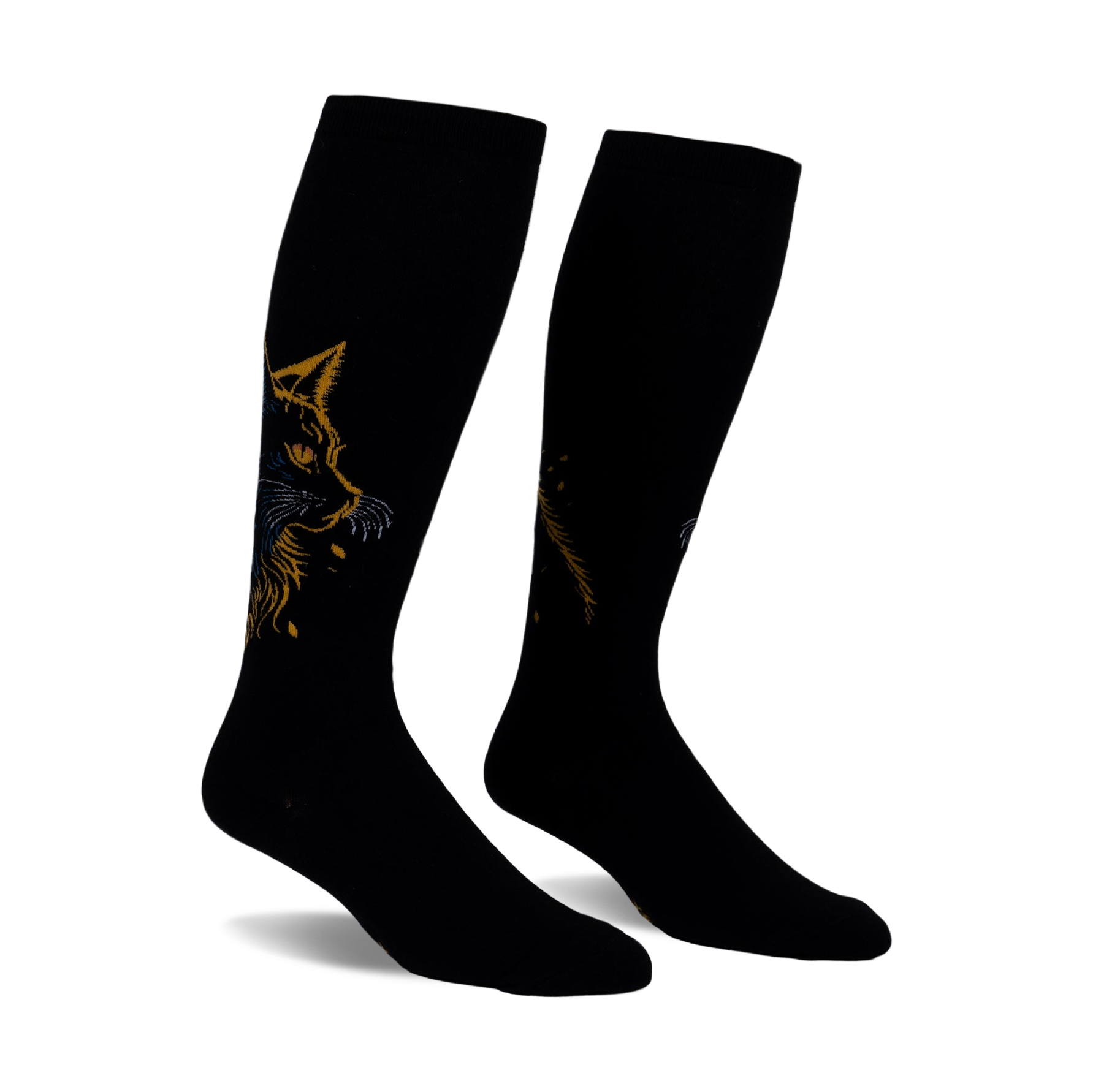Pair of black knee-high socks with a gold and blue cat design. The cat's face is prominently featured on each sock.