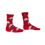Pair of red crew socks featuring an armadillo design, cacti, and teal accents. Fun and quirky!
