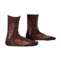Pair of brown crew socks featuring a whimsical ice cream cone design with chocolatey characters and red cherries. 