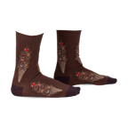 Pair of brown crew socks featuring a whimsical ice cream cone design with chocolatey characters and red cherries. 