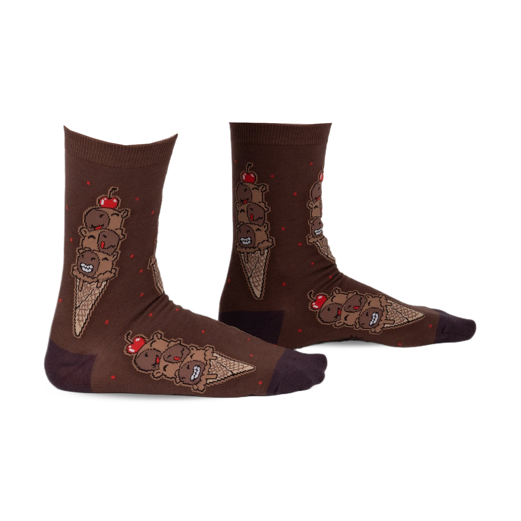 Pair of brown crew socks featuring a whimsical ice cream cone design with chocolatey characters and red cherries. 