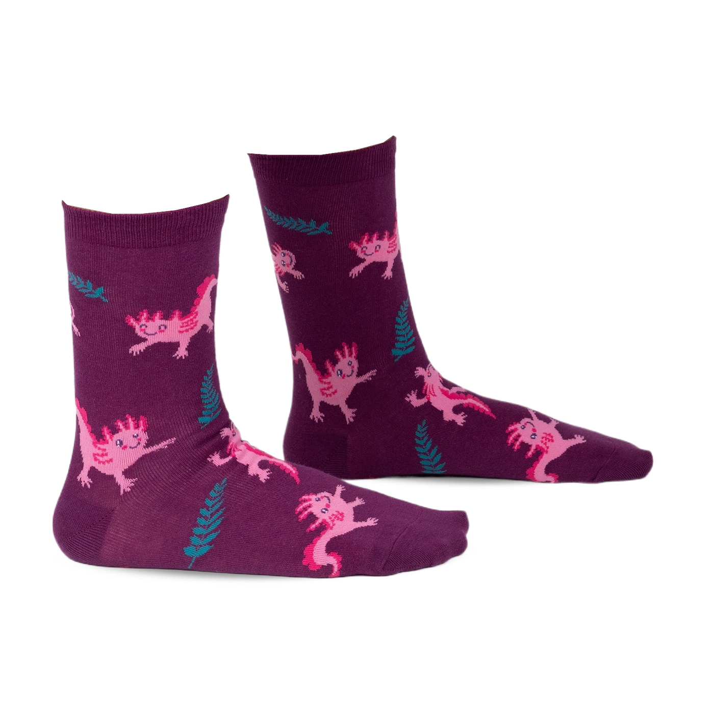 Pair of purple crew socks with a fun pattern of pink axolotls and teal ferns. 