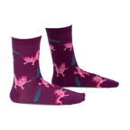 Pair of purple crew socks with a fun pattern of pink axolotls and teal ferns. 