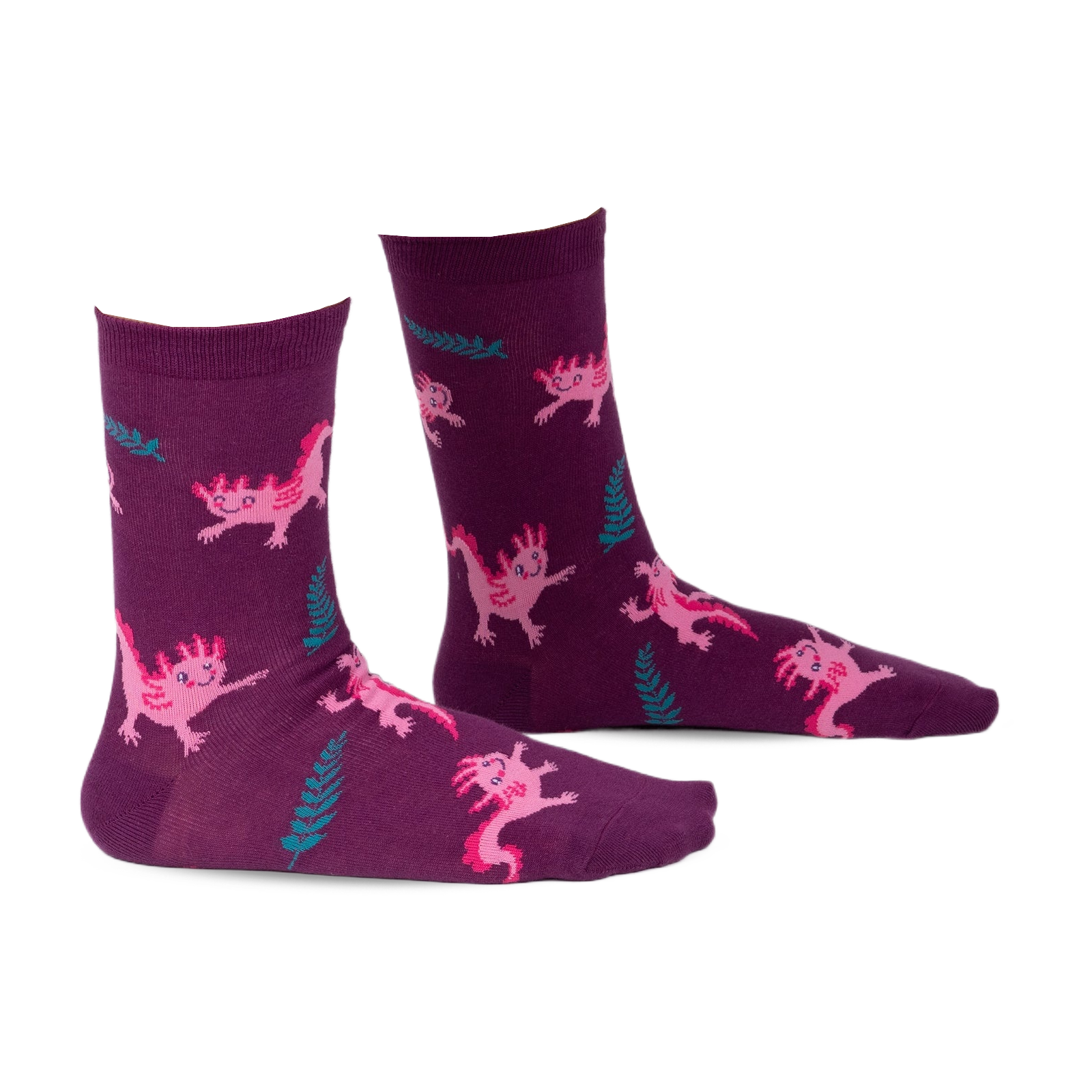 Pair of purple crew socks with a fun pattern of pink axolotls and teal ferns. 