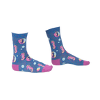 Pair of crew socks in blue with pink seahorse and bubble design.  Shimmery accents add extra flair.