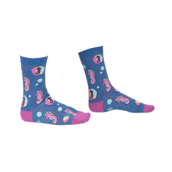 Pair of crew socks in blue with pink seahorse and bubble design.  Shimmery accents add extra flair.