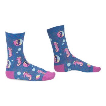 Pair of crew socks in blue with pink seahorse and bubble design.  Shimmery accents add extra flair.