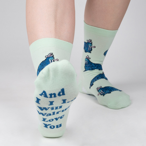 Close-up of the sock heel revealing the text: 'And I Will Walrus Love You'.