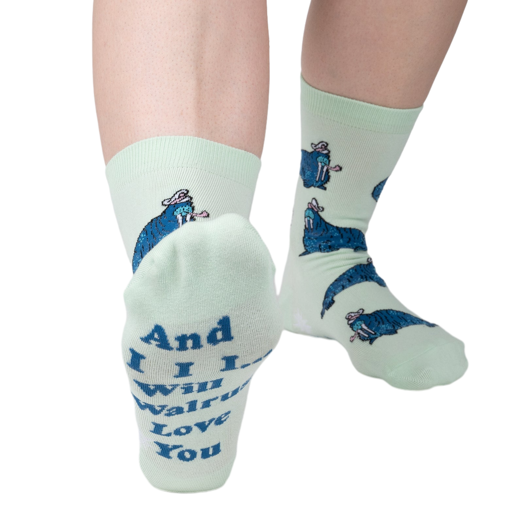 Close-up of the sock heel revealing the text: 'And I Will Walrus Love You'.
