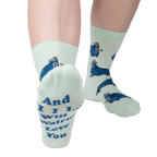 Close-up of the sock heel revealing the text: 'And I Will Walrus Love You'.