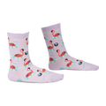 Pair of lavender crew socks with a fun flamingo design. Flamingos float on inflatable rings against a light purple background. 