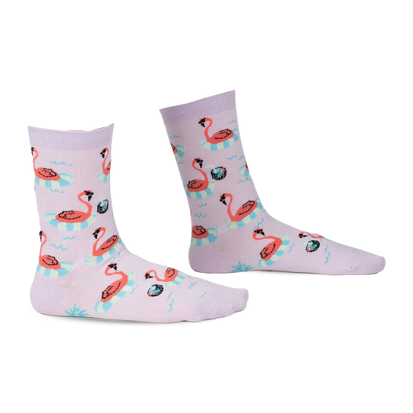 Pair of lavender crew socks with a fun flamingo design. Flamingos float on inflatable rings against a light purple background. 