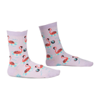 Pair of lavender crew socks with a fun flamingo design. Flamingos float on inflatable rings against a light purple background. 