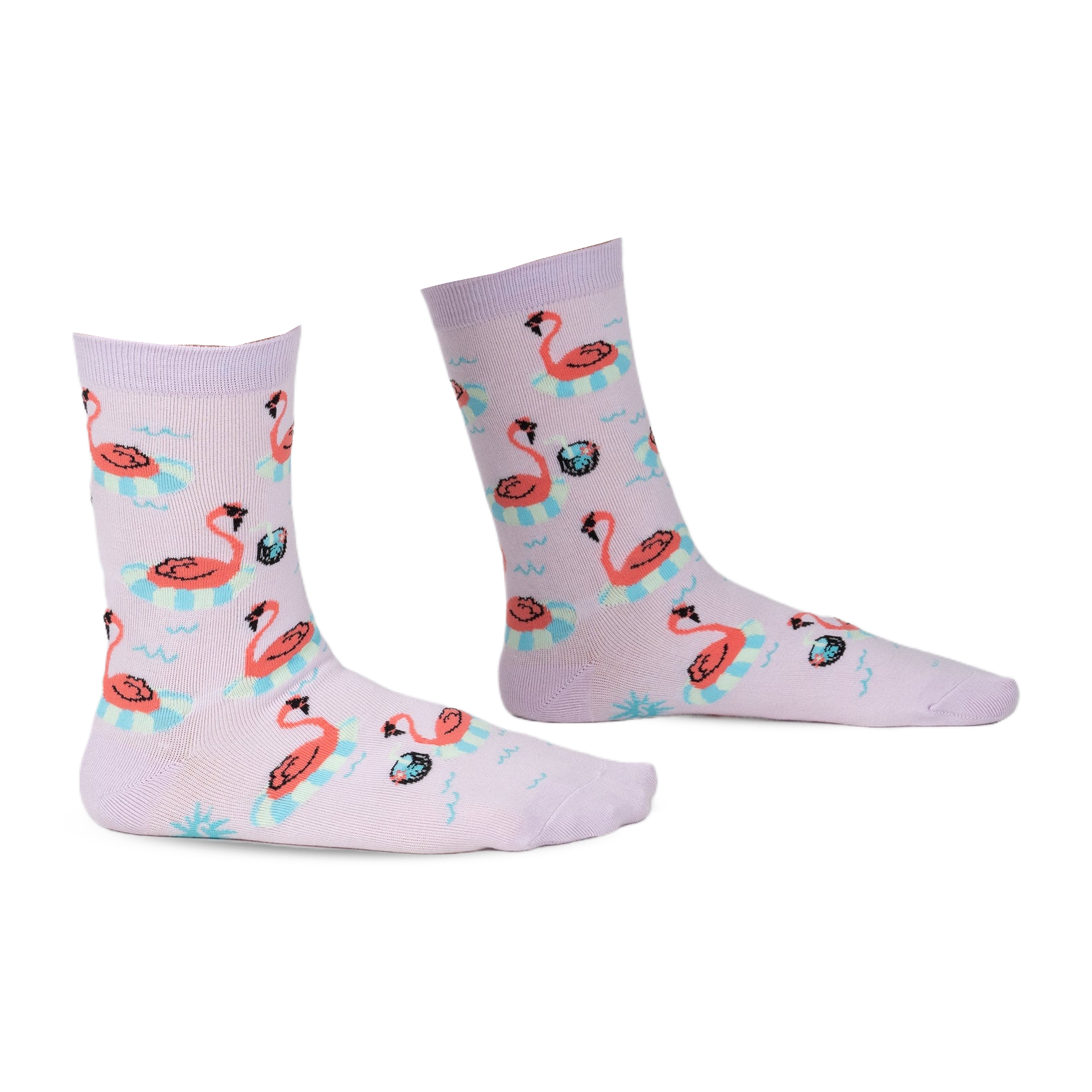 Pair of lavender crew socks with a fun flamingo design. Flamingos float on inflatable rings against a light purple background. 