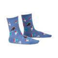 Periwinkle blue crew socks with a fun pattern of cartoon ice cream bars and pops in red, white, and brown.