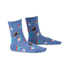 Periwinkle blue crew socks with a fun pattern of cartoon ice cream bars and pops in red, white, and brown.