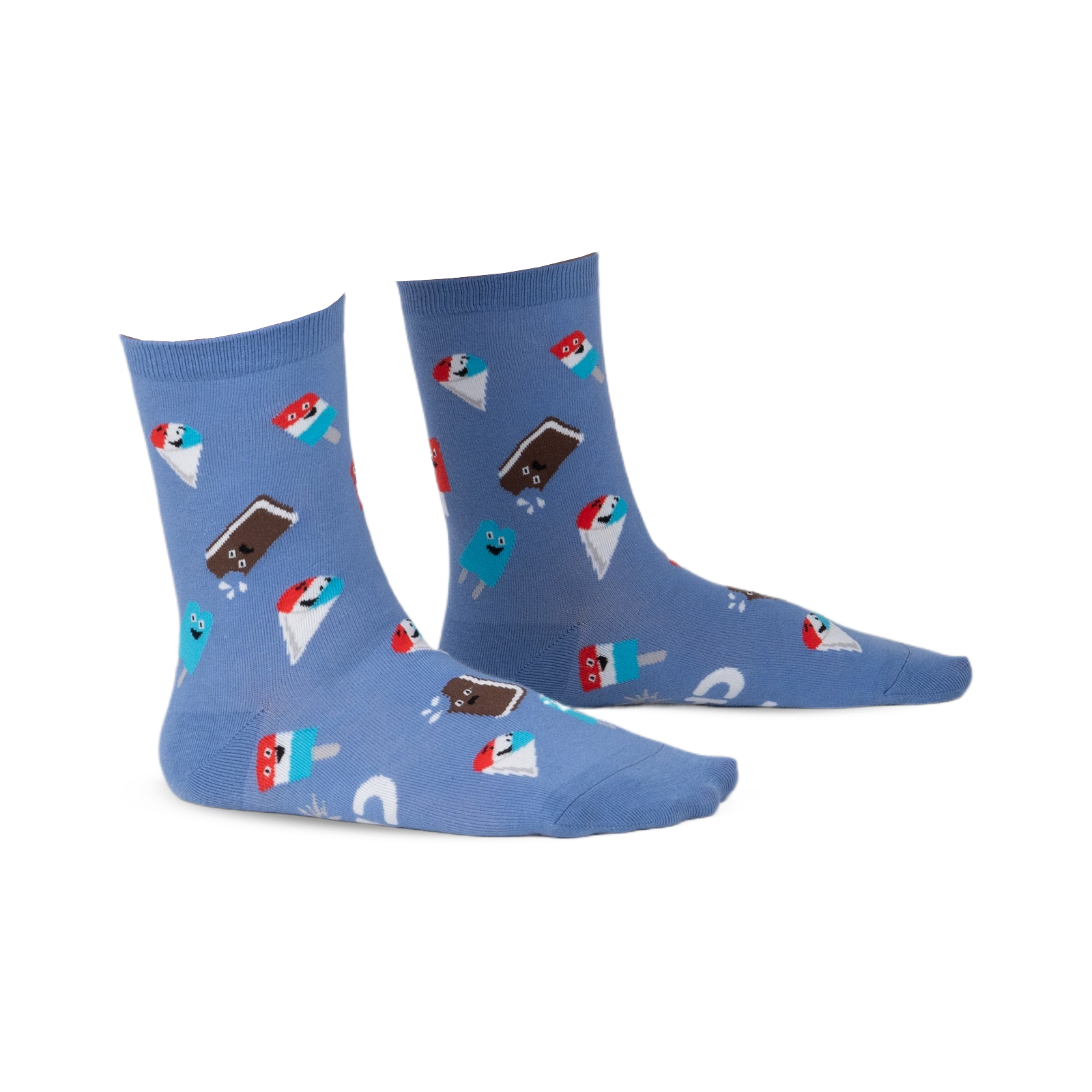 Periwinkle blue crew socks with a fun pattern of cartoon ice cream bars and pops in red, white, and brown.