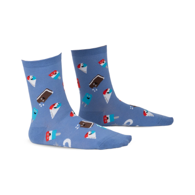 Pair of light blue crew socks with a repeating pattern of cartoon ice cream cones, brown ice cream bars, and various popsicles.