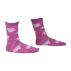 Pair of purple crew socks with a whimsical design of pink pigs with wings flying amongst yellow stars and clouds.