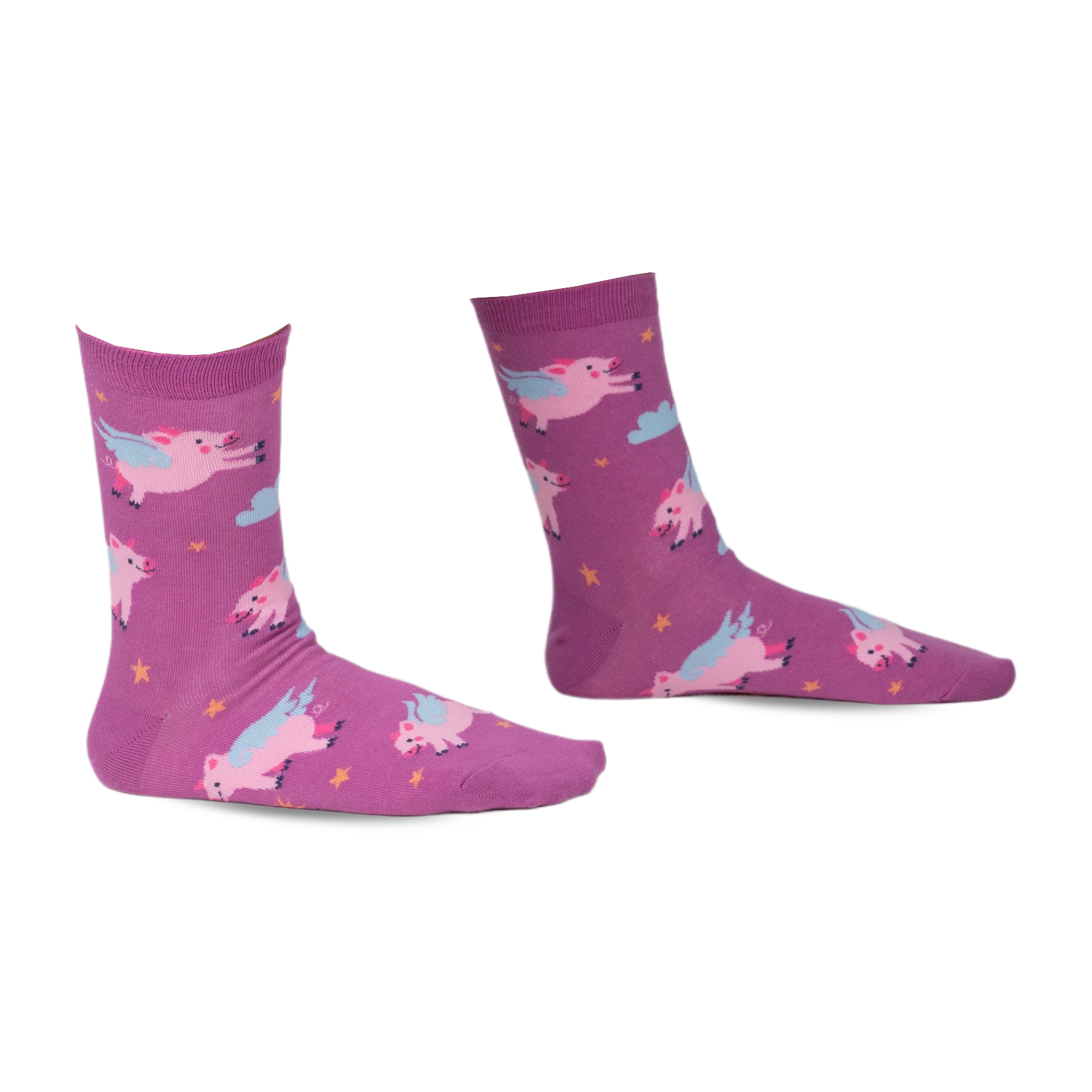Pair of purple crew socks with a whimsical design of pink pigs with wings flying amongst yellow stars and clouds.