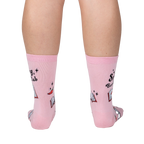 Back view of the pink "Spicy Book Club" crew socks, showcasing the design on both socks.