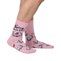 Pink crew socks with a playful design.  Features an illustration of books, chili peppers, and the text "Spicy Book Club".