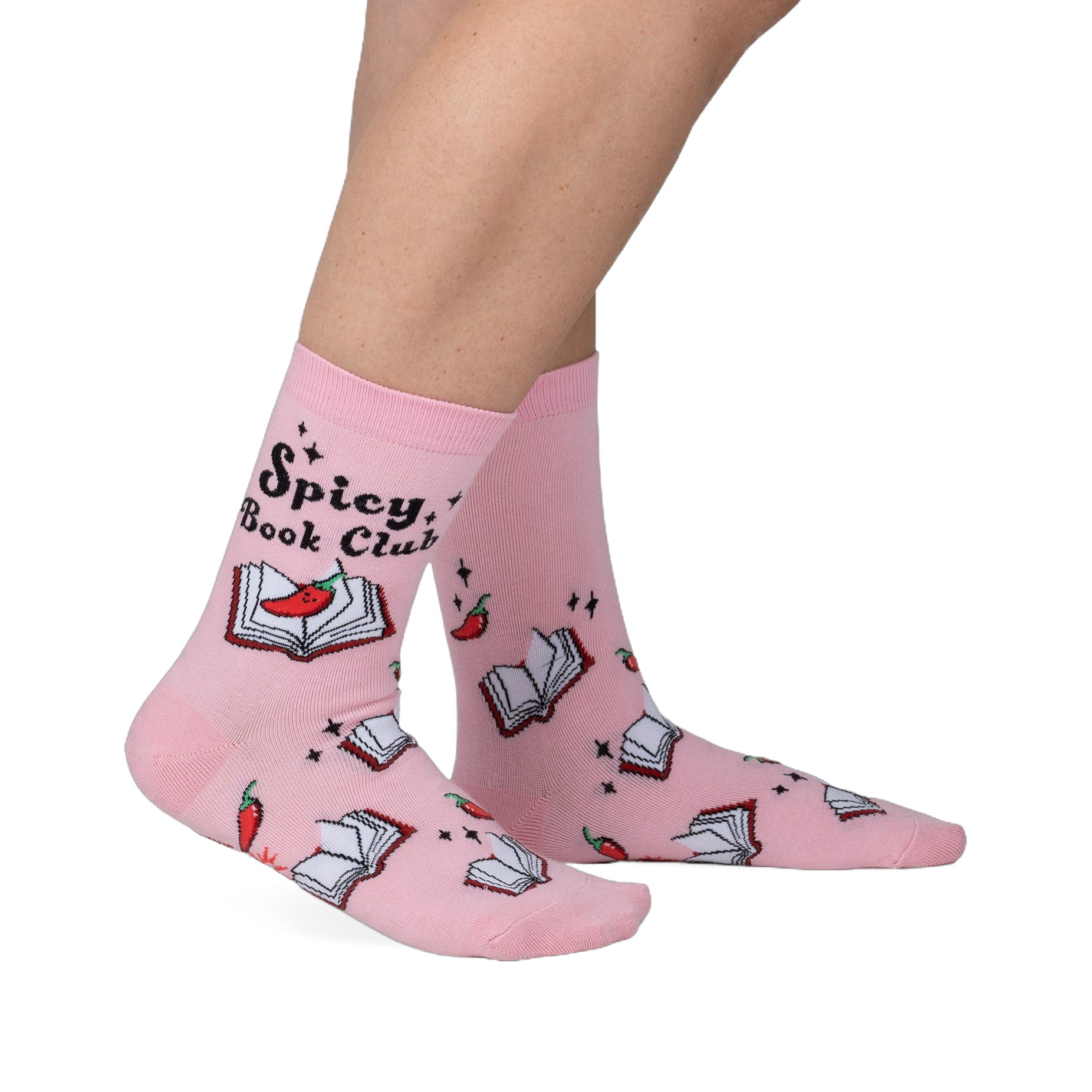 Pink crew socks with a playful design.  Features an illustration of books, chili peppers, and the text "Spicy Book Club".